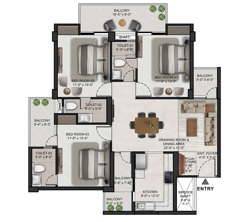 3 BHK floor plan 1851 sq.ft The Eden Park Zirakpur
