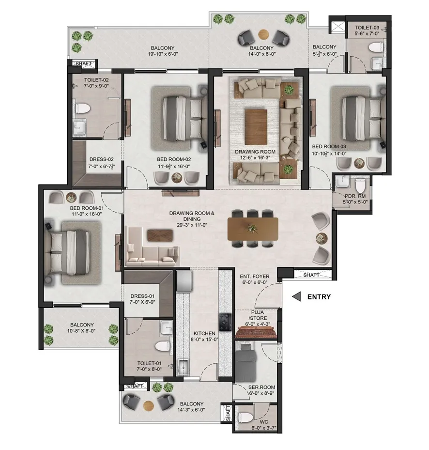 3+1 BHK floor plan 2890 sq.ft The Eden Park Zirakpur