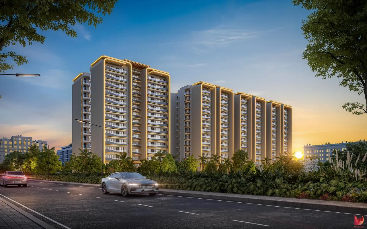 The Eden Park Zirakpur luxury residential towers on High Ground Road at dusk