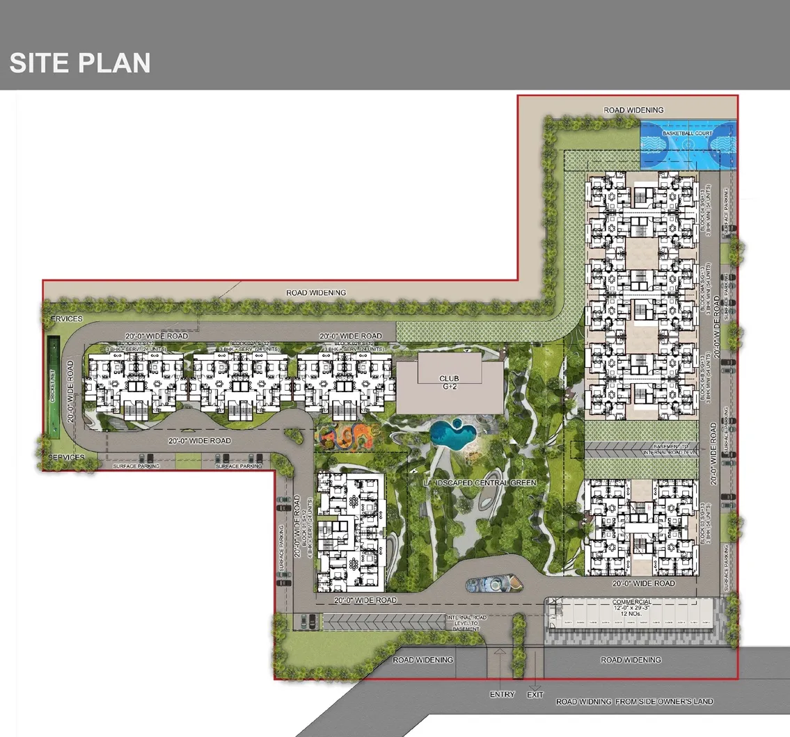 The Eden Park Zirakpur master site plan showing 8 towers, clubhouse, central green and parking